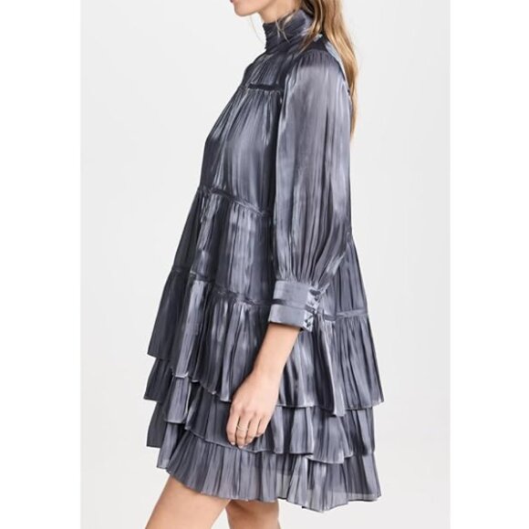 CINQ À SEPT 'Riva' Tiered Satin Plisse Mini-Dress, Iridescent Slate - Picture 3 of 5